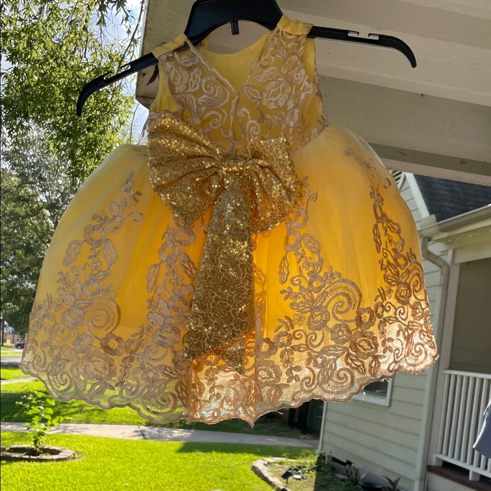 Yellow Lace Dress with Gold Bow